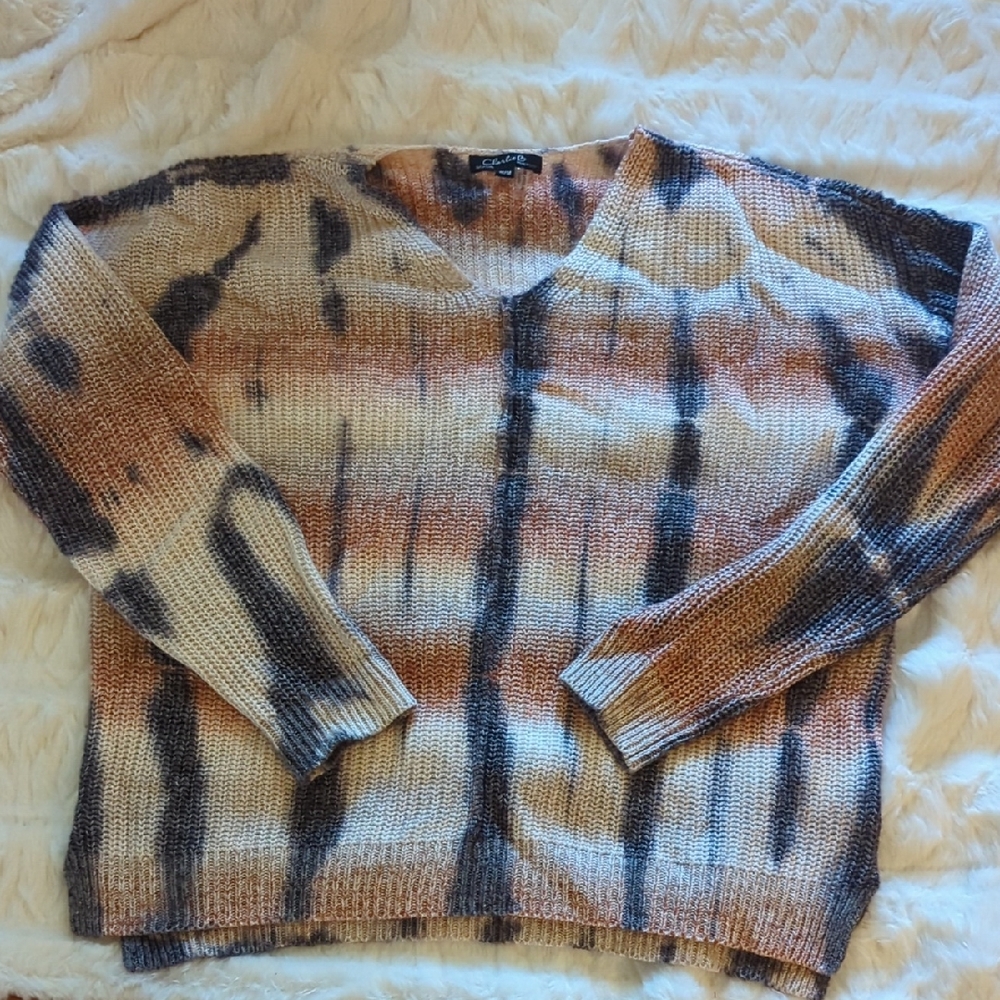 CHARLIE B Brown and Cream V-Neck Sweater